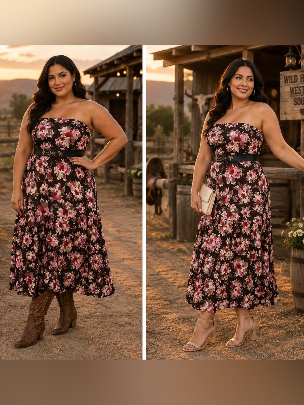 NWOT Convertble Strapless Floral Maxi Dress in Brown and Pink 1XL fits Xl